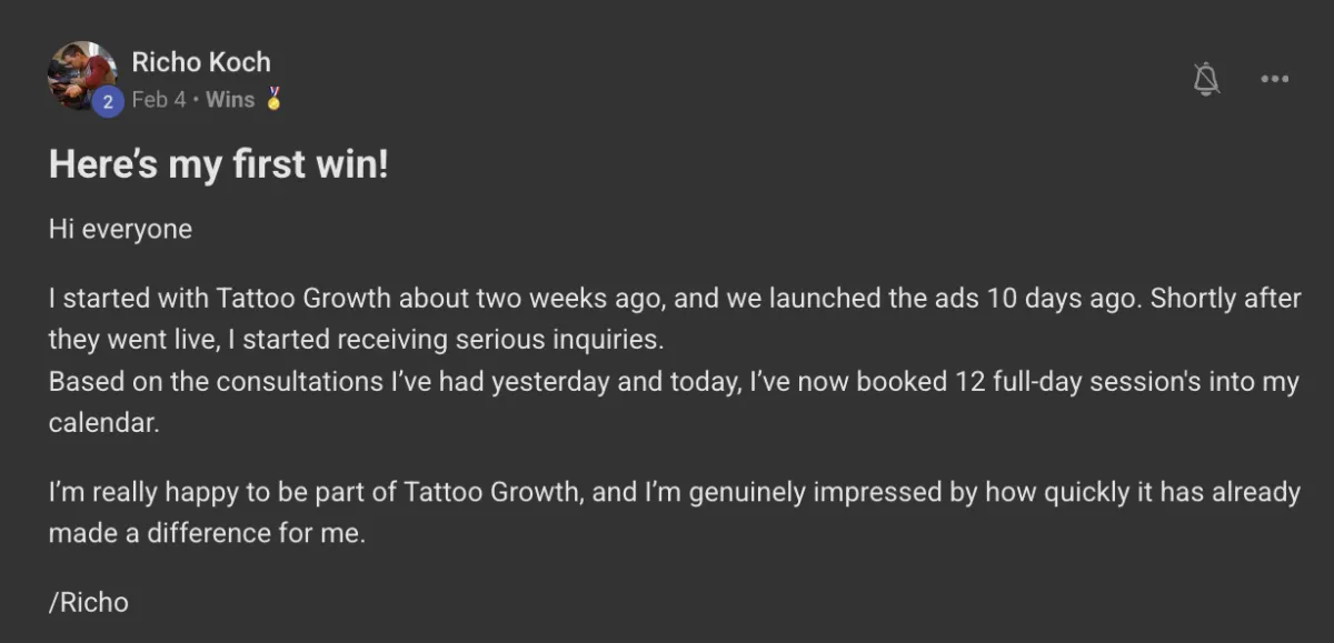 Win posted by a Tattoo Growth member