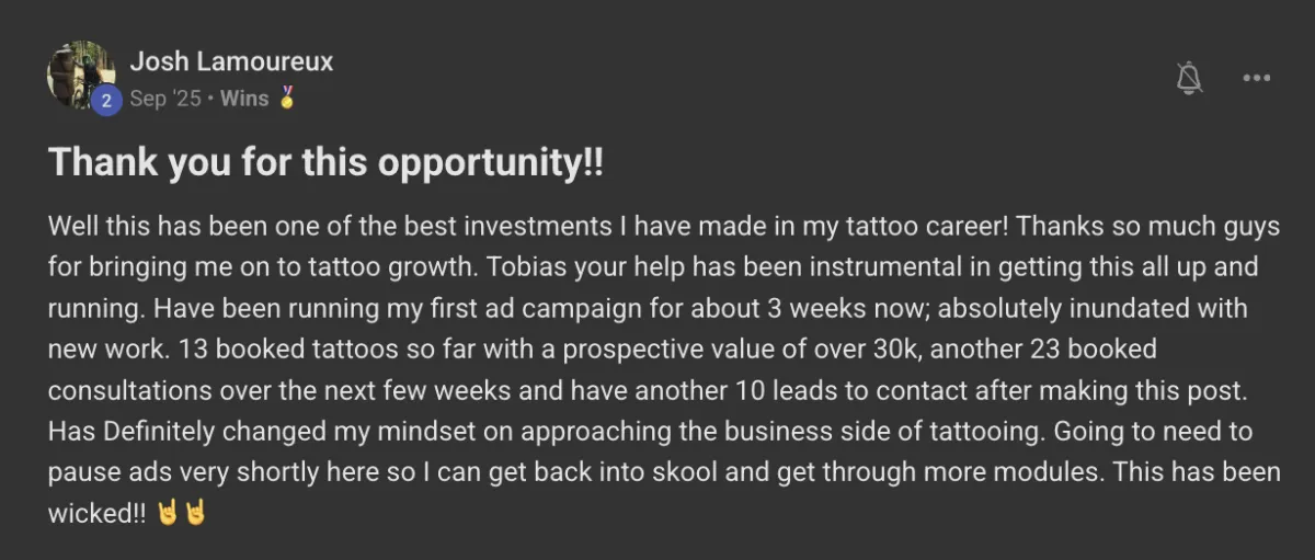 Win posted by a Tattoo Growth member